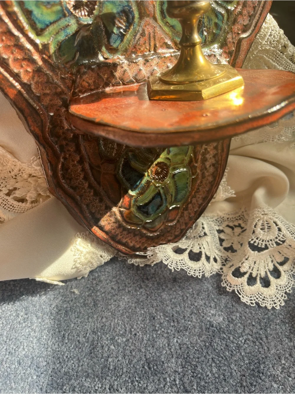 Ancient Copper Pottery Wall Sconce with Romanian style Lace Texture